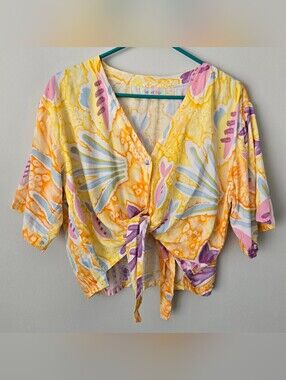 Vintage 90s Planet Fish Coral and Fish print cropped tie shirt